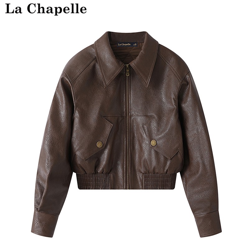 拉夏贝尔/La Chapelle复古翻领PU皮衣女秋冬季新款宽松夹棉外套女