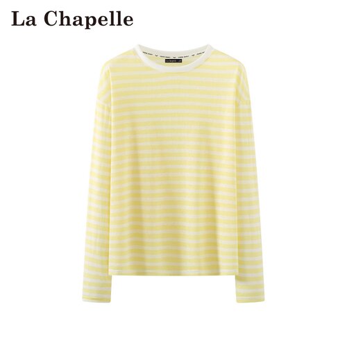 拉夏贝尔/La Chapelle春季新款圆领撞色条纹减龄设计感T恤上衣女