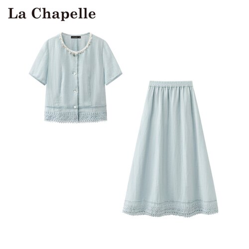 拉夏贝尔/La Chapelle春夏新款休闲风两件套老钱风衬衫高腰半身裙