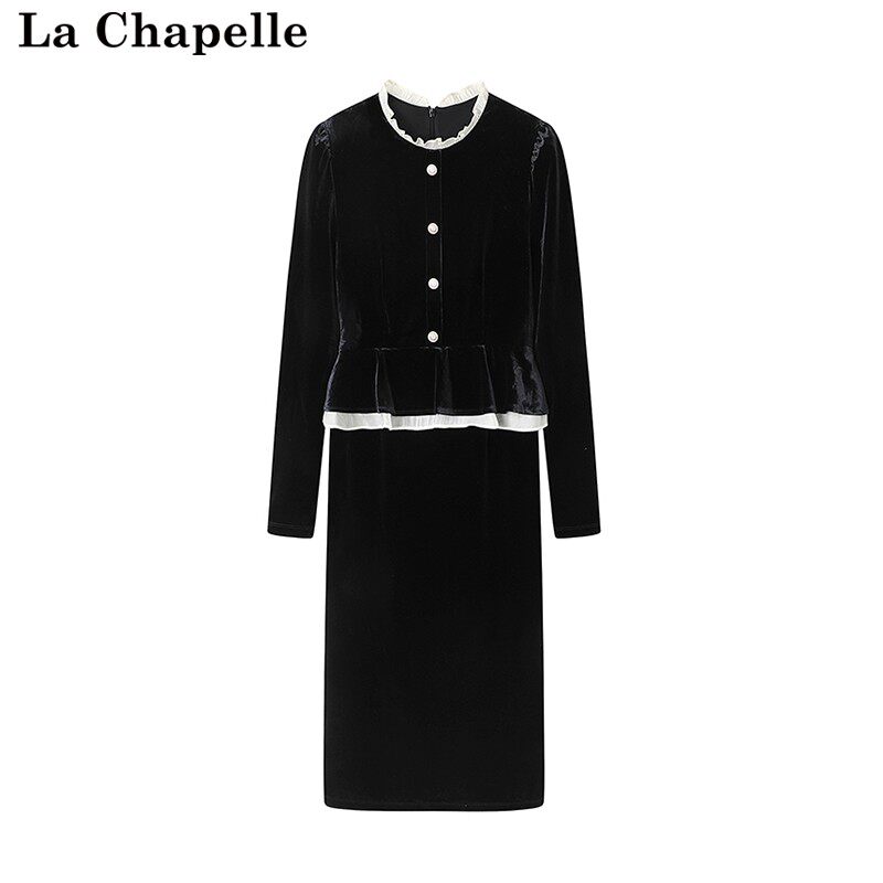 拉夏贝尔/La Chapelle秋季新款高级感气质优雅黑色丝绒假两件裙女