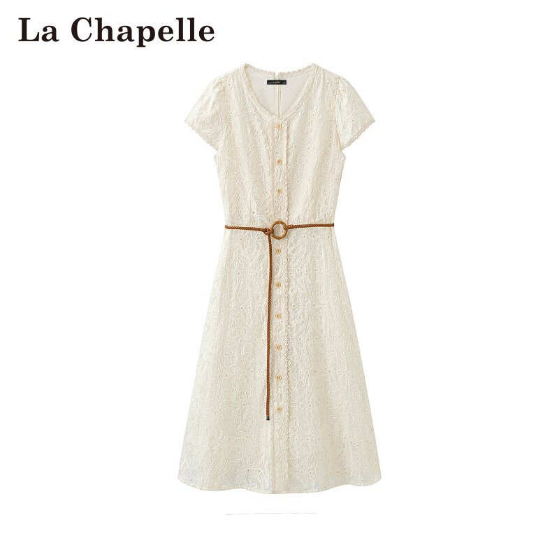拉夏贝尔/La Chapelle春夏新款法式V领刺绣简约日常收腰连衣裙女