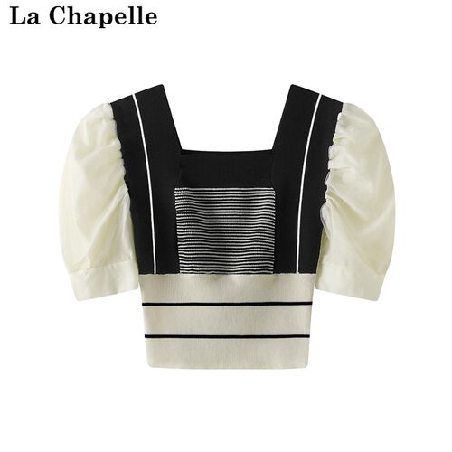 拉夏贝尔/La Chapelle夏季新款法式大方领泡泡袖短款针织上衣T恤