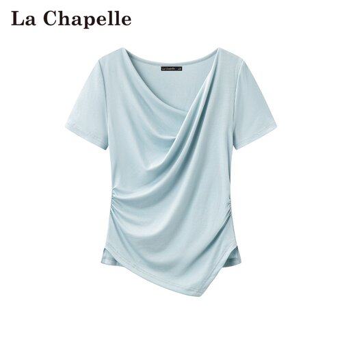 拉夏贝尔/La Chapelle夏季新款纯色荡领韩式修身显瘦设计感短袖女
