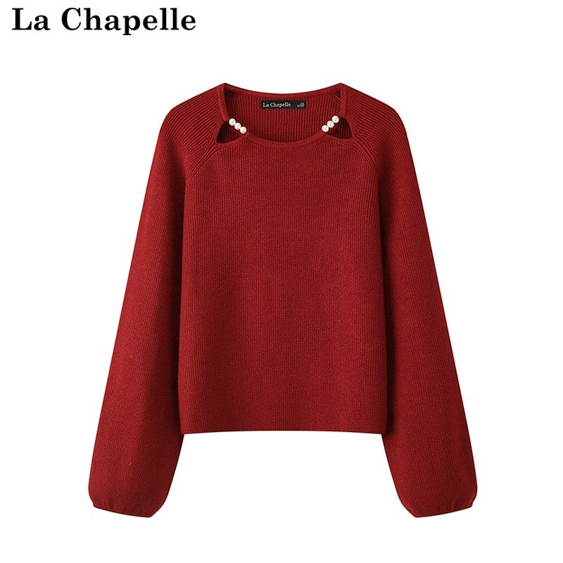 拉夏贝尔/La Chapelle法式针织圆领毛衣女秋冬套头针织衫上衣红色