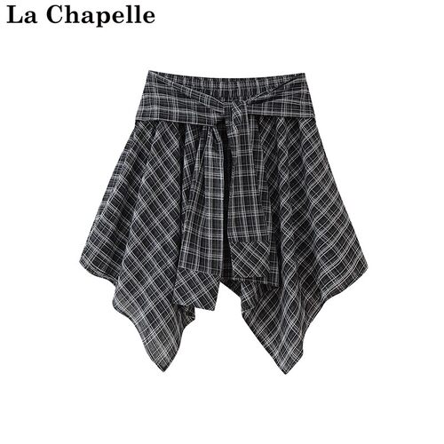 拉夏贝尔/La Chapelle不规则下摆格子半身裙女夏季新款学院风短裙