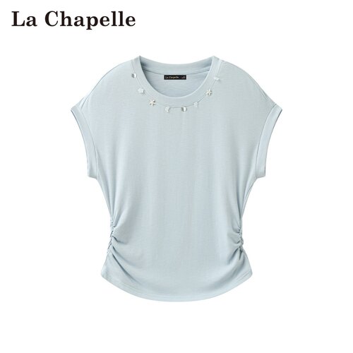 拉夏贝尔/La Chapelle夏季新款套头圆领设计感收腰显瘦短袖上衣女