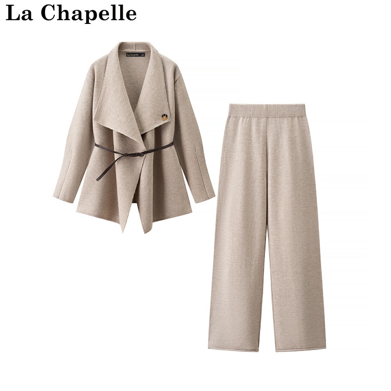 拉夏贝尔/La Chapelle秋冬翻领洋气收腰上衣高腰休闲裤针织两件套
