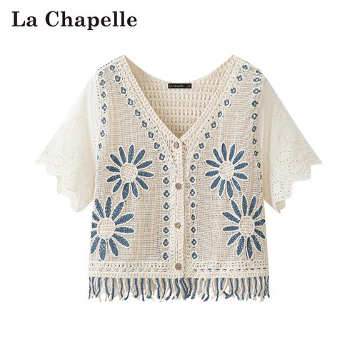 拉夏贝尔/La Chapelle春夏新款民族风钩花镂空流苏薄款针织短袖女