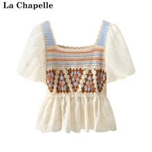 拉夏贝尔/La Chapelle方领短袖衬衫女夏小个子拼接短款娃娃衫上衣