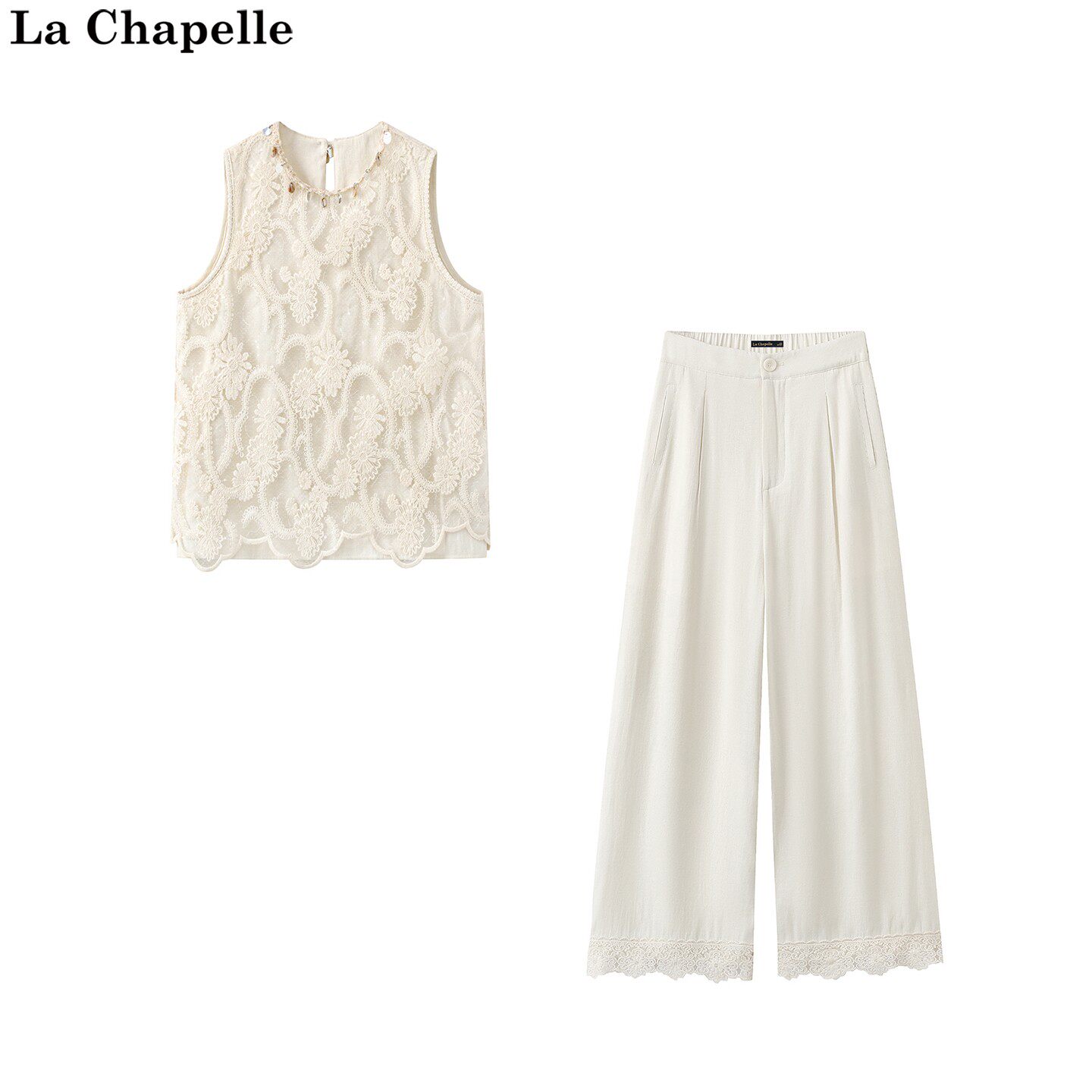 拉夏贝尔/La Chapelle夏季新款串珠蕾丝钩花无袖上衣阔腿裤两件套