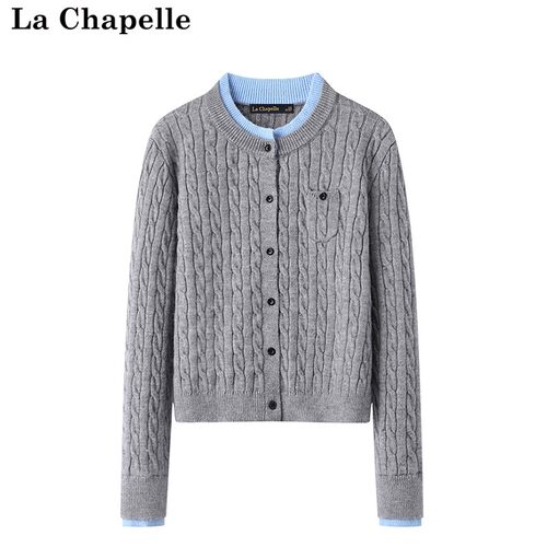 拉夏贝尔/La Chapelle秋冬新款撞色假两件拼接开衫毛衣绞花针织衫