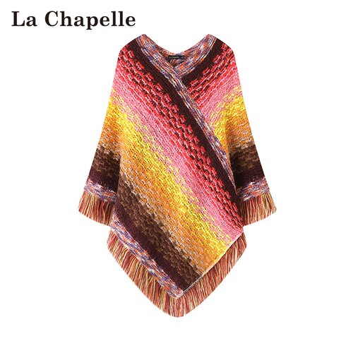 拉夏贝尔/La Chapelle民族风撞色条纹外搭套头高级感流苏针织披肩