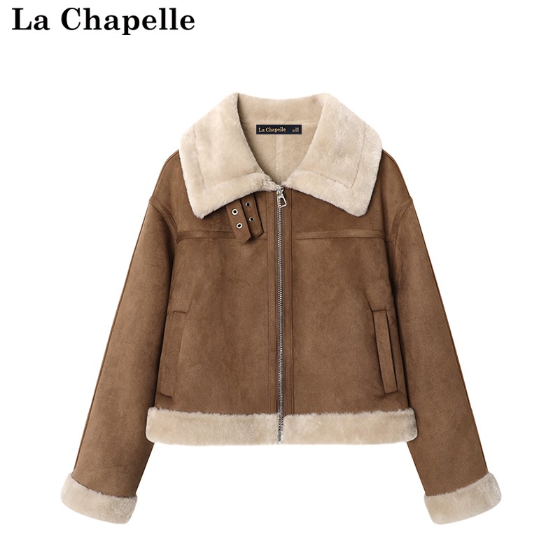 拉夏贝尔/La Chapelle麂皮绒短款外套女冬季新款皮毛一体加厚上衣