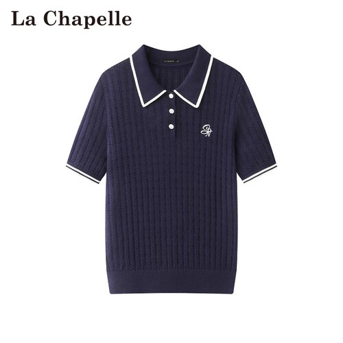 拉夏贝尔/La Chapelle春夏新款通勤风翻领显瘦短袖撞色拼接针织衫