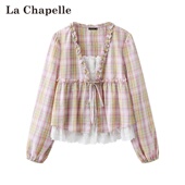子拼接假两件休闲风衬衫 拉夏贝尔 女 新款 复古风格 Chapelle春季