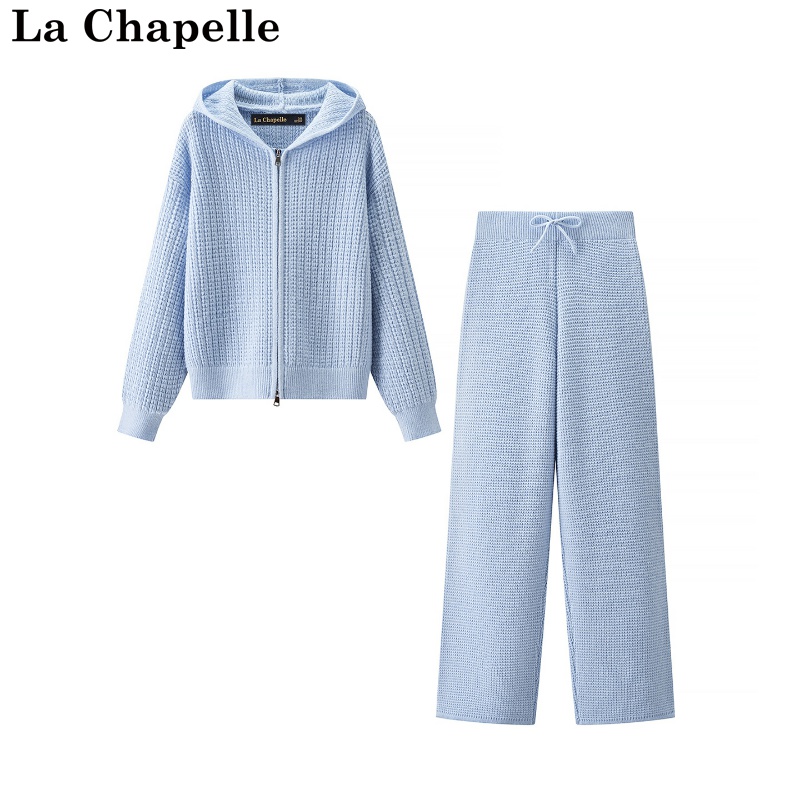 拉夏贝尔/La Chapelle秋冬新款连帽长袖上衣高腰休闲裤针织两件套