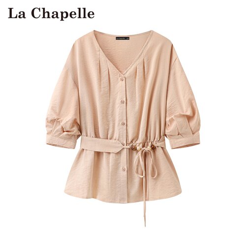 拉夏贝尔/La Chapelle春夏新款v领衬衫宽松休闲收腰系带薄款上衣