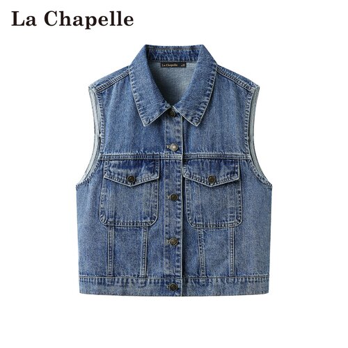 拉夏贝尔/La Chapelle春夏新款复古风翻领外搭无袖叠穿牛仔马甲女