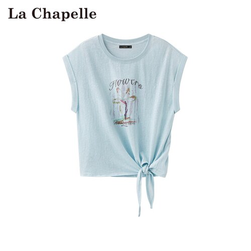 拉夏贝尔/La Chapelle夏季新款圆领简约设计风时尚印花系带短袖女