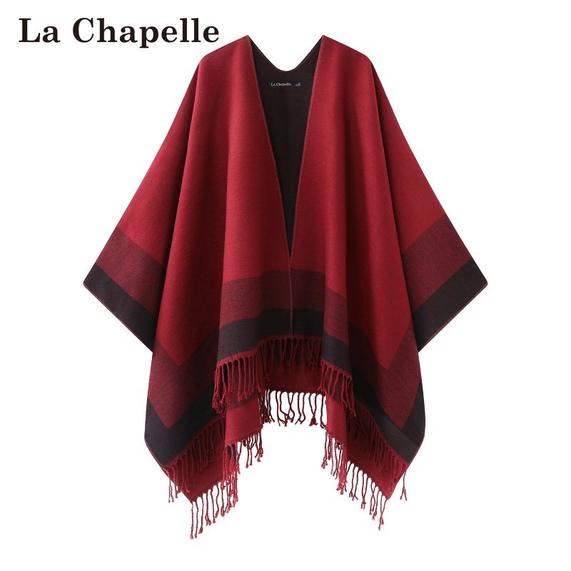 拉夏贝尔/La Chapelle民族风秋冬针织披肩斗篷流苏旗袍外搭开衫厚