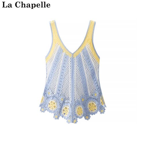 拉夏贝尔/La Chapelle多巴胺撞色洋气镂空拼接吊带背心夏季针织衫