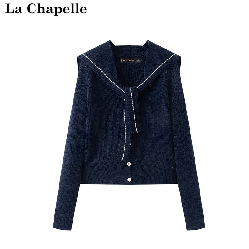 拉夏贝尔/La Chapelle秋冬新款长袖藏青色海军领可拆卸披肩针织衫