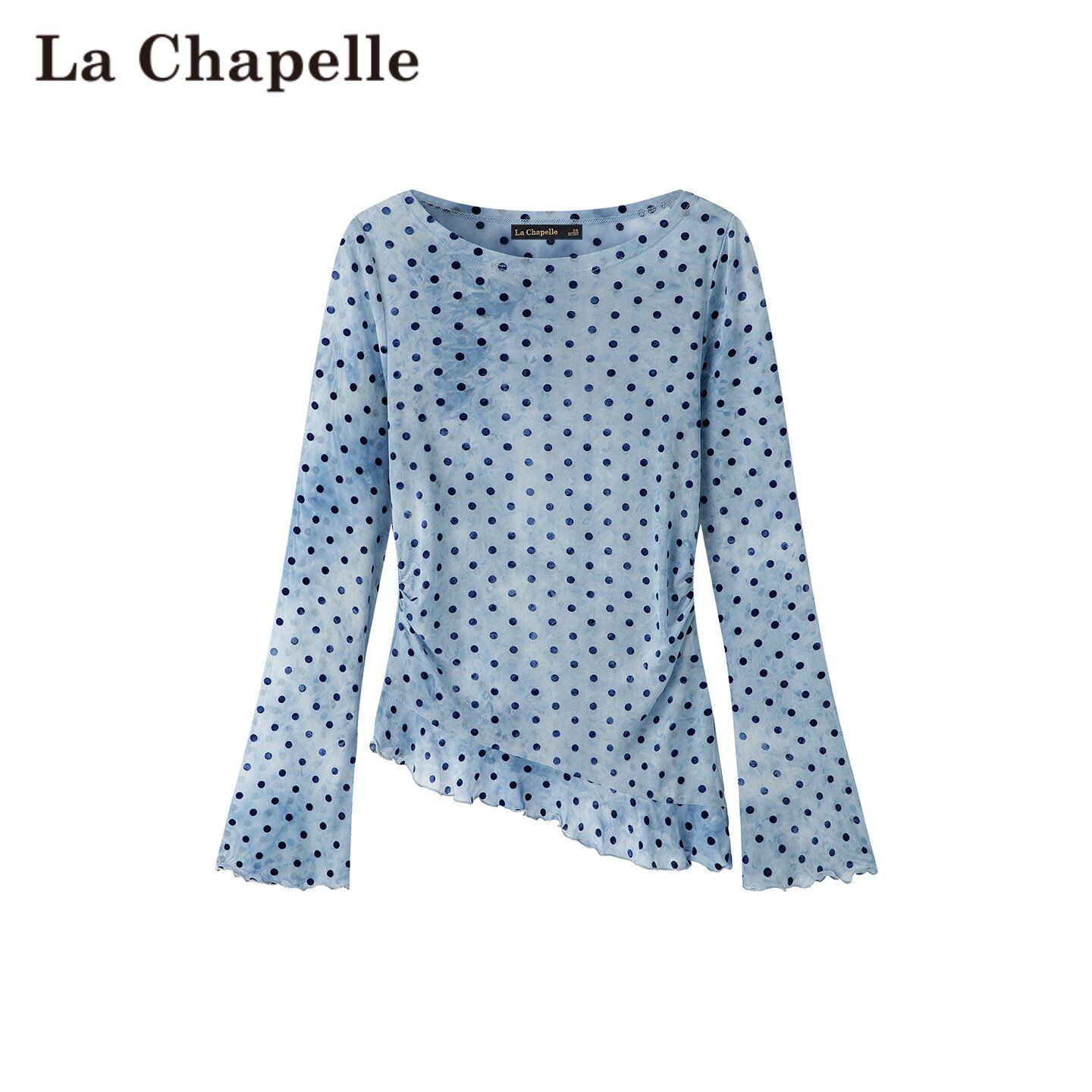 拉夏贝尔/La Chapelle秋季新款圆领波点复古风修身显瘦薄款T恤女