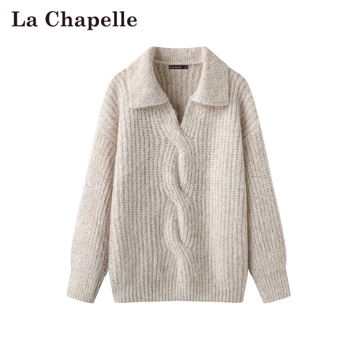 拉夏贝尔/La Chapelle欧美风翻领麻花针织衫时尚百搭套头毛衣外套