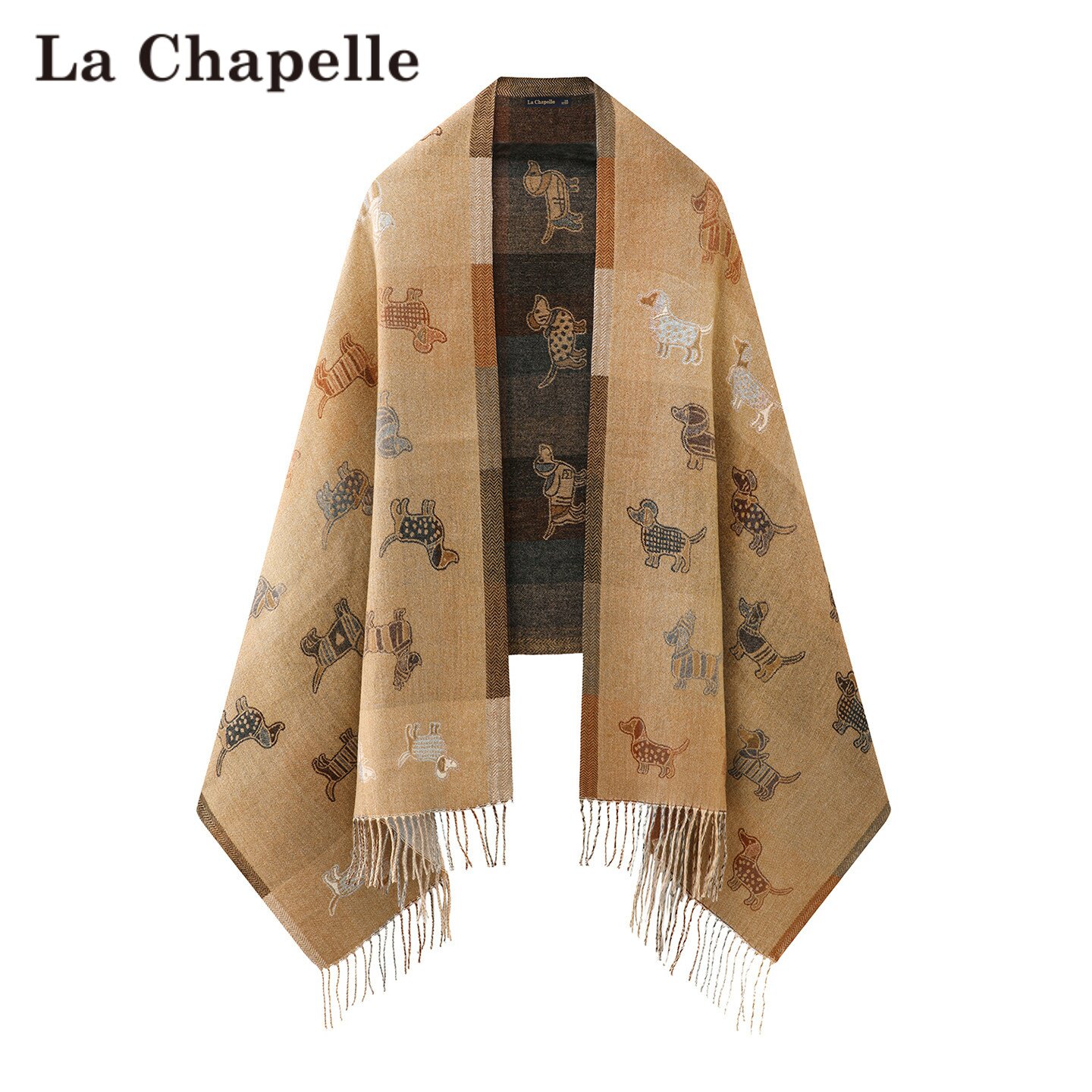 拉夏贝尔/La Chapelle韩系小狗提花双面流苏披肩斗篷女冬保暖围巾
