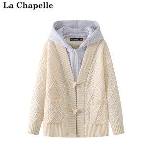 拉夏贝尔/La Chapelle春2025假两件连帽针织衫女宽松开衫毛衣外套