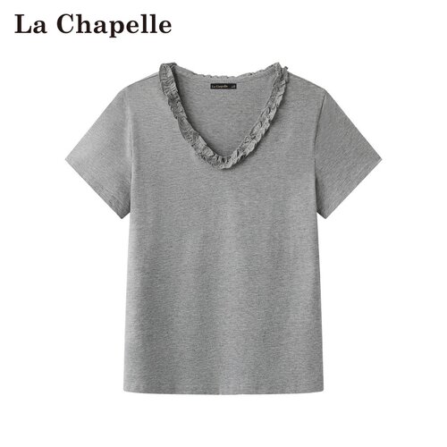 拉夏贝尔/La Chapelle夏季新款纯色休闲风V领时尚百搭短袖上衣女