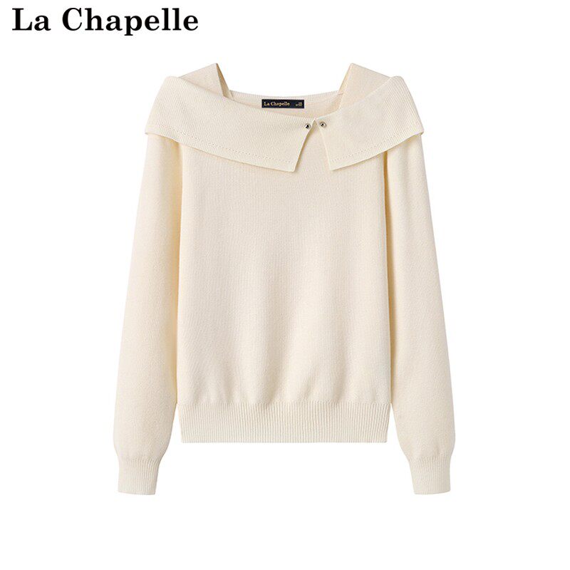 拉夏贝尔/La Chapelle秋冬季新款米白针织衫上衣女一字肩翻领毛衣,女装/女士精品,毛针织衫,淘宝优惠券,粉丝福利购,淘宝优惠卷