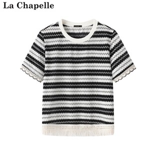 拉夏贝尔/La Chapelle休闲宽松短袖T恤女夏季新款条纹花边针织衫