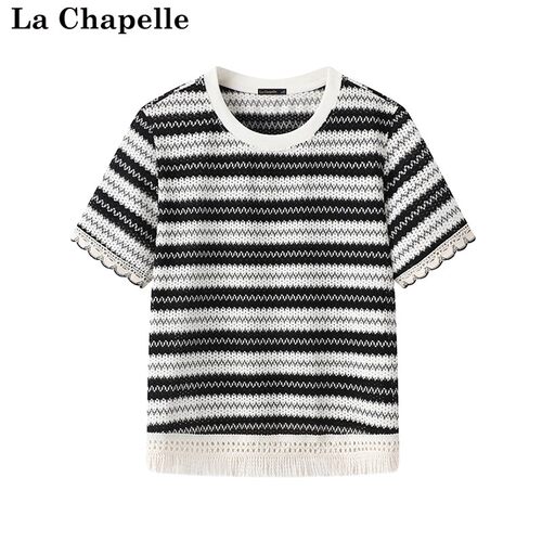 拉夏贝尔/La Chapelle休闲宽松短袖T恤女夏季新款条纹花边针织衫