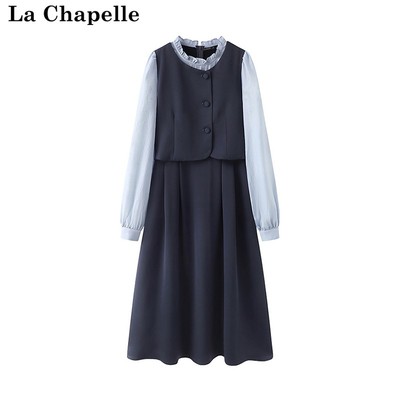 拉夏贝尔/La Chapell春季新款假两件连衣裙收腰中长款通勤套装女