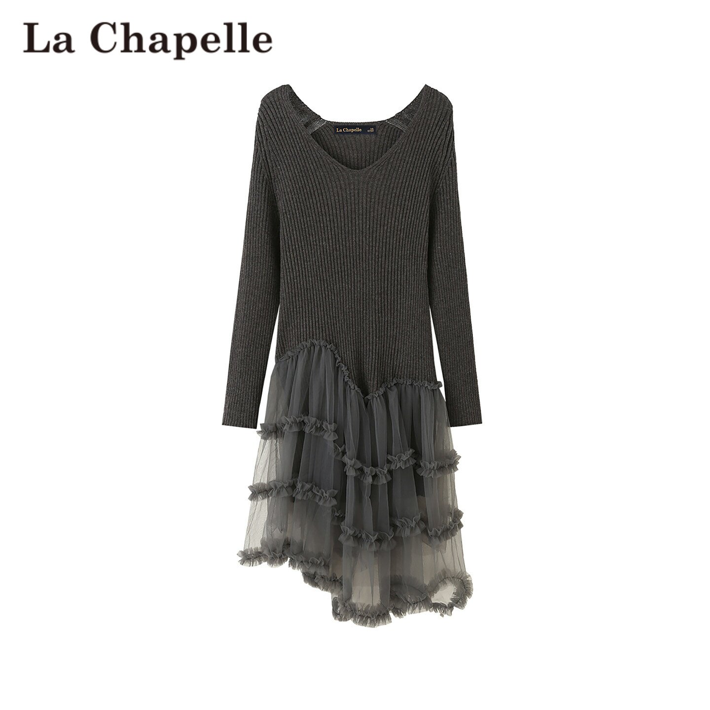 拉夏贝尔/La Chapelle法式V领针织连衣裙女网纱荷叶边不规则裙子