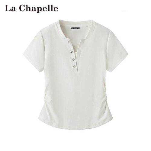 拉夏贝尔/La Chapelle夏季新款纯色套头V领收腰显瘦正肩短袖上衣