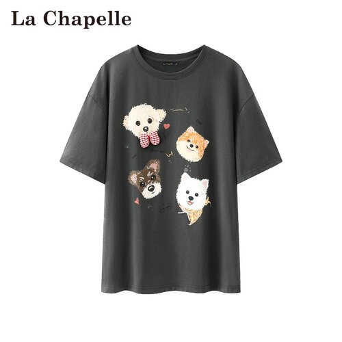 拉夏贝尔/La Chapelle夏季新款通勤风圆领t恤小狗印花修身短袖女