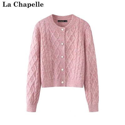拉夏贝尔/La Chapelle春新款甜美绞花正肩海马毛针织开衫休闲毛衣