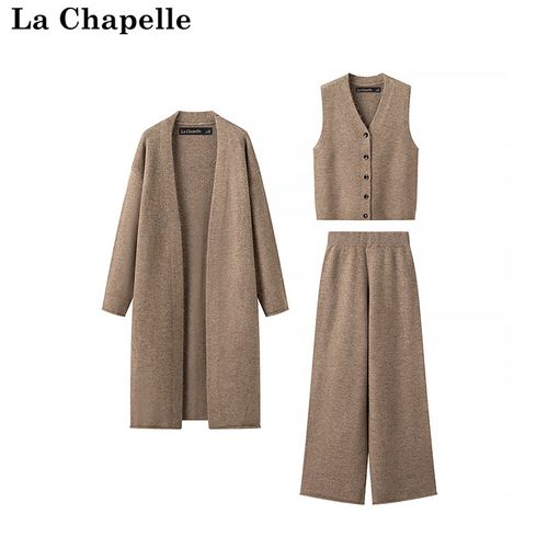 拉夏贝尔/La Chapelle秋冬三件套马甲休闲裤落肩过膝长毛衣套装女