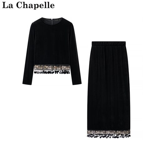 拉夏贝尔/La Chapelle秋季新款赫本风圆领丝绒流苏上衣高腰半身裙