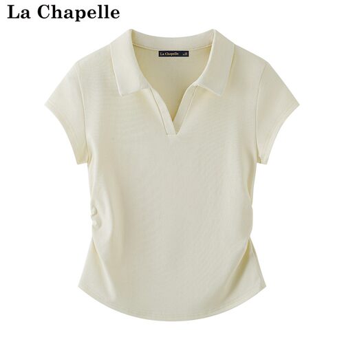 拉夏贝尔/La Chapelle夏季新款纯色简约百搭收腰抽褶修身短袖T恤