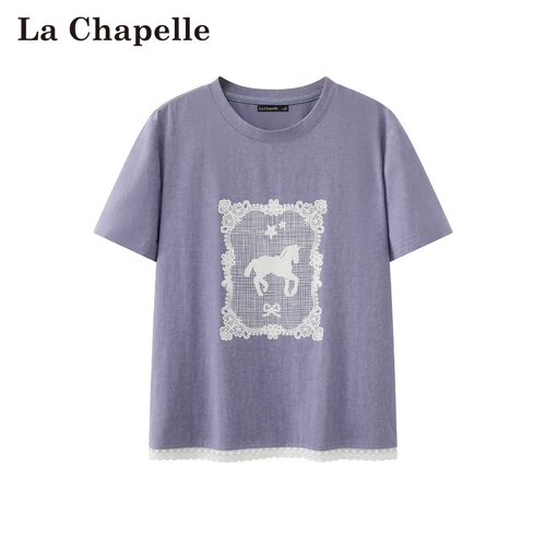 拉夏贝尔/La Chapelle春夏新款日韩风圆领小马印花正肩短袖上衣女