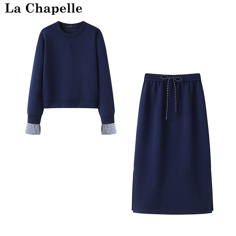 拉夏贝尔/La Chapelle春季款假两件圆领卫衣长袖套头半身裙两件套
