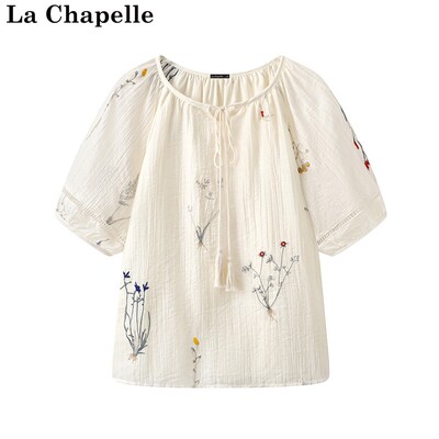 拉夏贝尔/La Chapelle夏季新款圆领系带国风刺绣款式短袖衬衫上衣