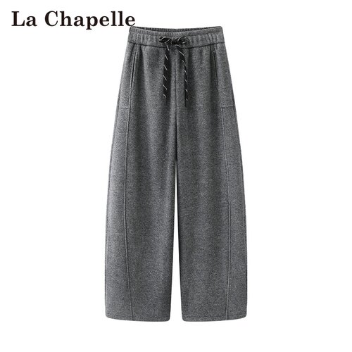 拉夏贝尔/La Chapelle冬季新款松紧腰加绒加厚抽绳女裤阔腿休闲裤