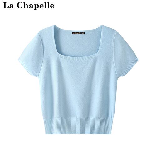 拉夏贝尔/La Chapelle夏季纯色简约方领休闲百搭短款短袖针织T恤