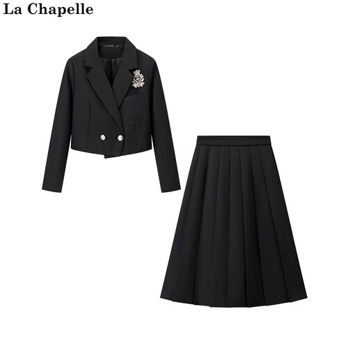 拉夏贝尔/La Chapelle秋季新款翻领短款上衣高腰半身裙学院风套装
