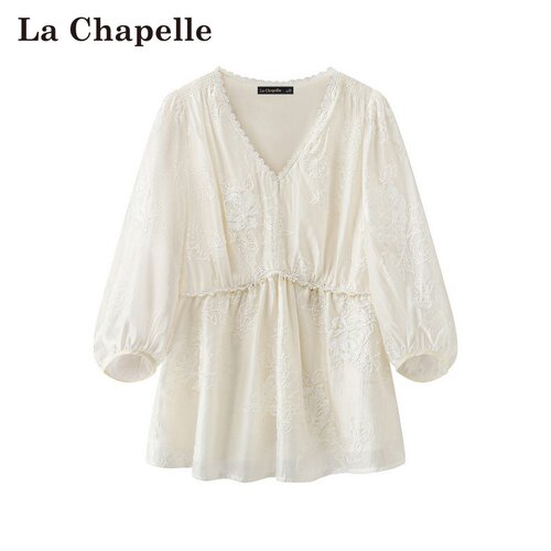 拉夏贝尔/La Chapelle春夏新款V领甜美风蕾丝上衣七分袖气质衬衫