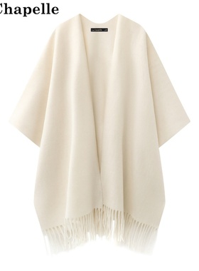 拉夏贝尔/La Chapelle秋冬厚款针织披肩外搭旗袍时尚流苏斗篷开衫